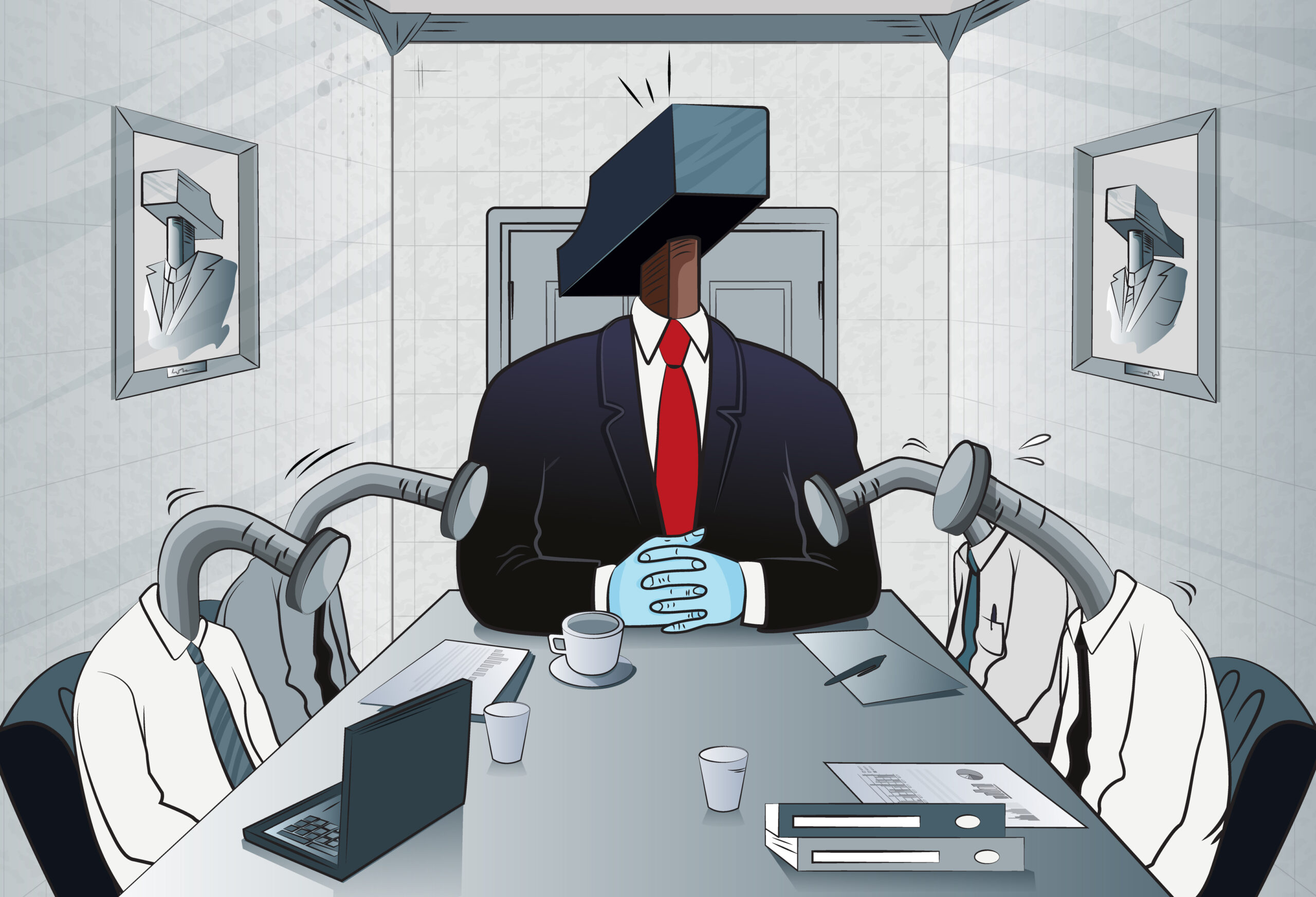 The toxic boss in the image of a hammer holds a meeting with his subordinates.